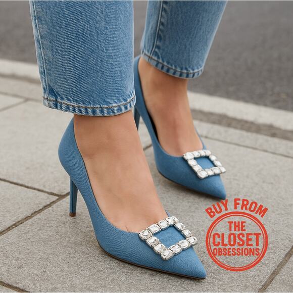 MANGO Denim Crystal Buckle Heels NWT – Embellished Pointed Toe Pumps, Size 8.5 - Picture 2 of 12